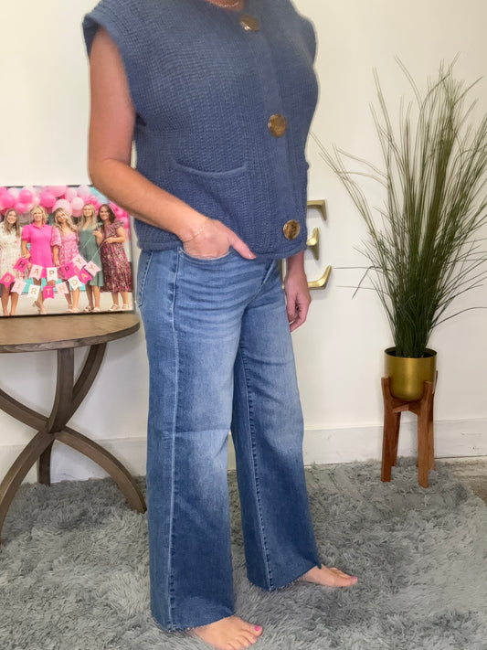 risen brand jeans high rise wide leg medium wash raw hem crop tummy control boutique Indiana