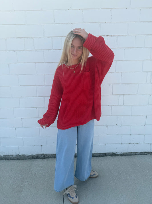 Hyfve double zero red knit oversized sweater cuffs long length chest pocket