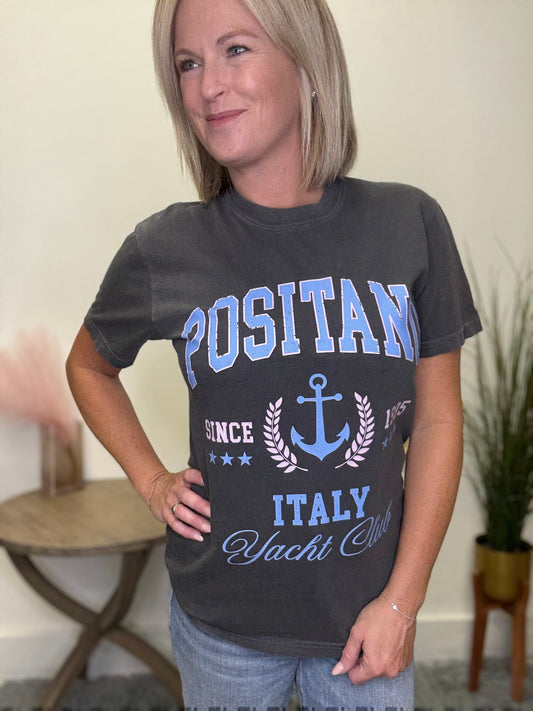 Positano Italy graphic tee shirt yacht club comfort colors t gray charcoal black.light blue pink
