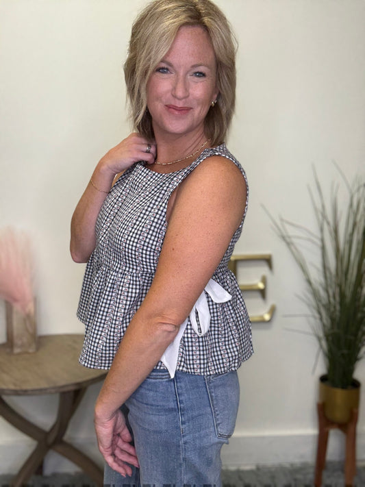 Sky Meadow navy Gingham white bow Tie Side Peplum Top buttermelon sleeveless tank 