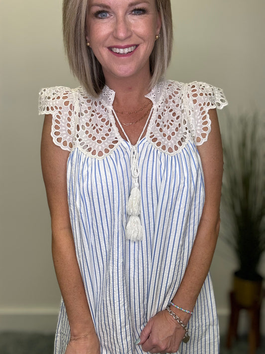 Entro pinstripe blue white dress with lace detail pockets Roanoke Indiana boutique