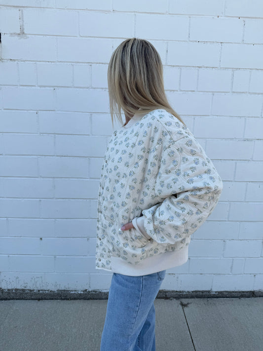Oversized quilted ditsy floral main strip snap front long sleeve bomber jacket coat cream blue green 
