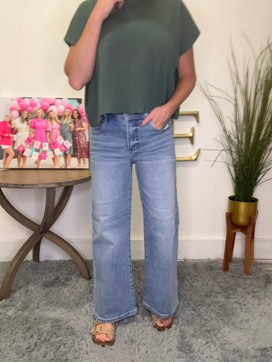 High Rise Tummy Control Cropped Wide Leg Jeans With Bow Waistband Risen Jeans light wash 27 in inseam