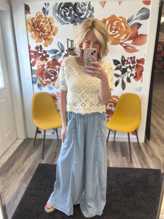Chambray Paperbag Elastic Waist Wide Leg Pants - Ella Chic Boutique
