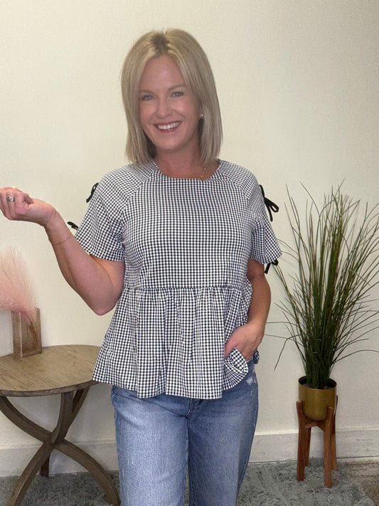 Contrast Ribbon Gingham Babydoll Top - Ella Chic Boutique