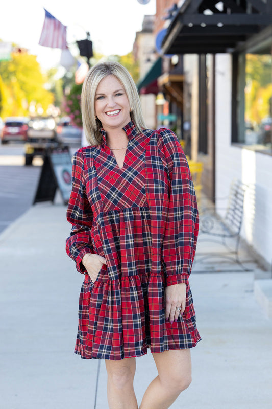Country club Christmas red plaid entro dress pockets ruffle collar holiday