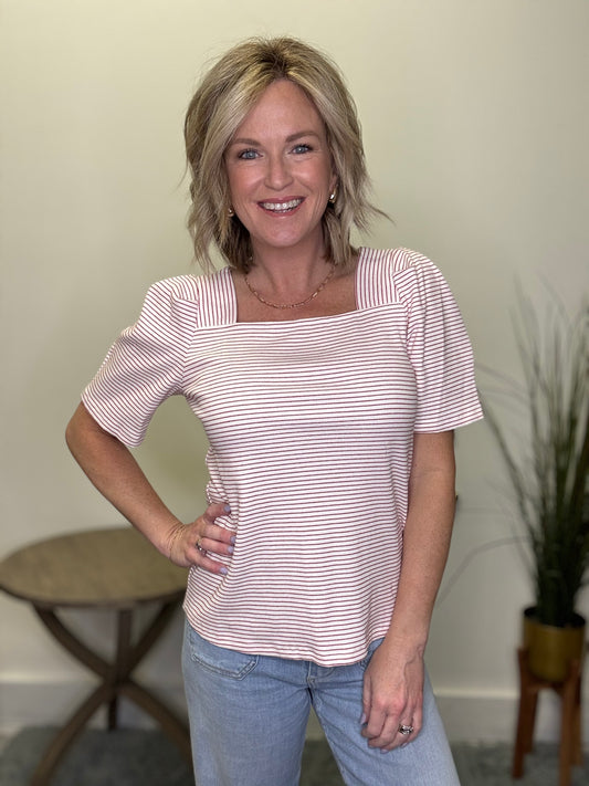 Red Striped Square Neck Short Sleeve Tee