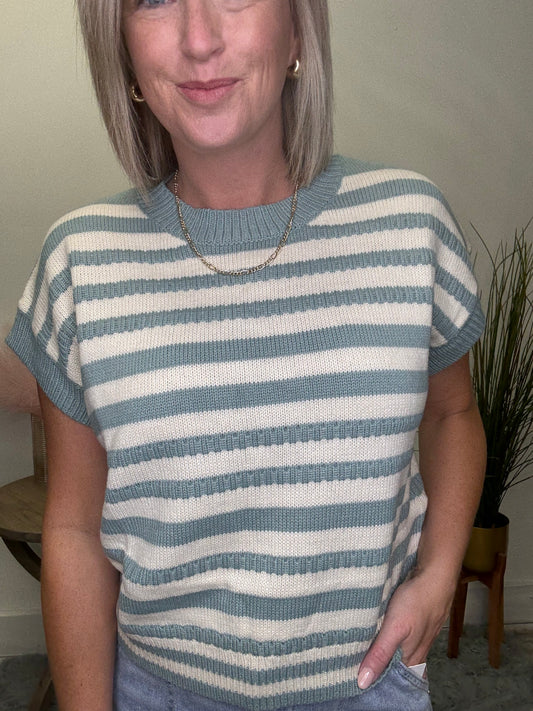 Polagram Baevely Seafoam striped short sleeve knit sweater top