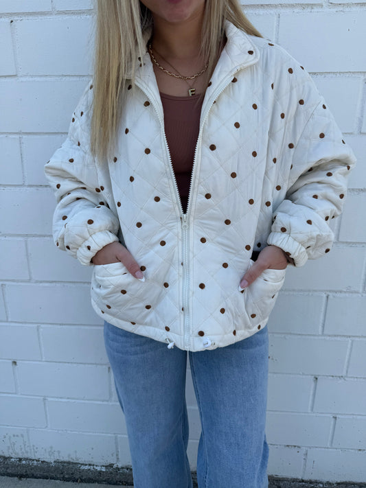 Hyfve double zero jacket coat white brown polka dot embroidered pockets zip front