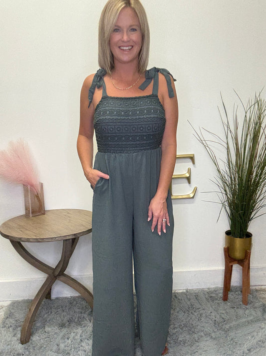 Lace front bust adjustable tie straps jumpsuit wide legs pockets Hayden la romper green teal