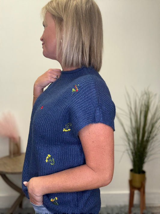 Mock Neck Embroidered Florals Sleeveless Sweater - Ella Chic Boutique