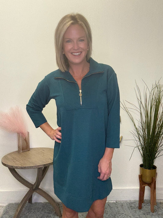 Mary Square Gulf Blue Raven 1/4 Zip Front Dress ribbed teal gold zipper 3/4 sleeves fall