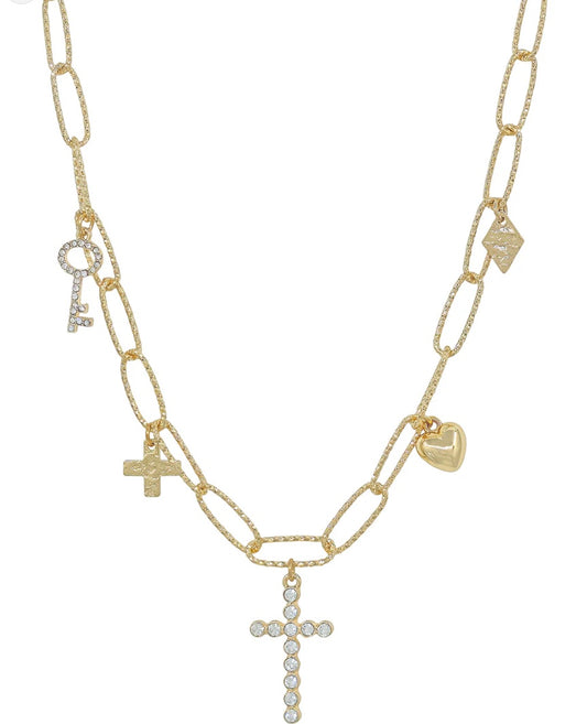 Rhinestone Cross, Bow, and Key Charm Necklace