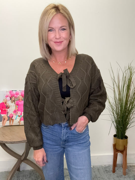 Knotted Long Sleeve Cardigan in Thyme Leaf