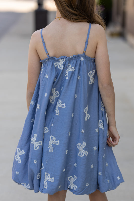 Crochet Bow Embroidered Balloon Hem Dress - Girls