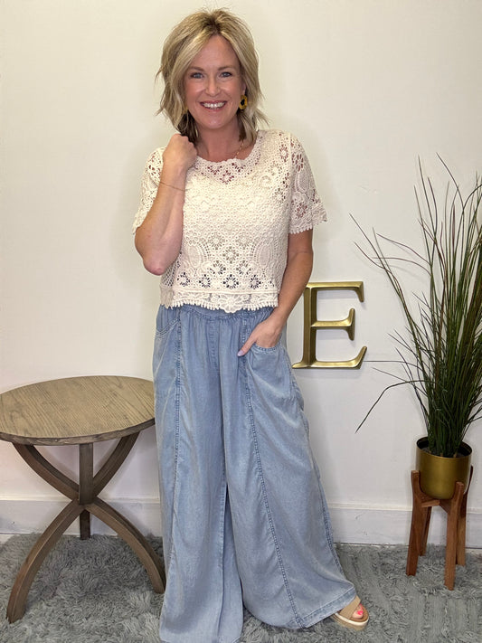 Chambray Paperbag Elastic Waist Wide Leg Pants - Ella Chic Boutique