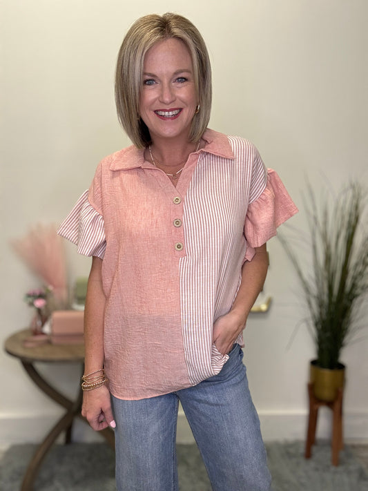 Solid and Stripe Woven Top in Peach