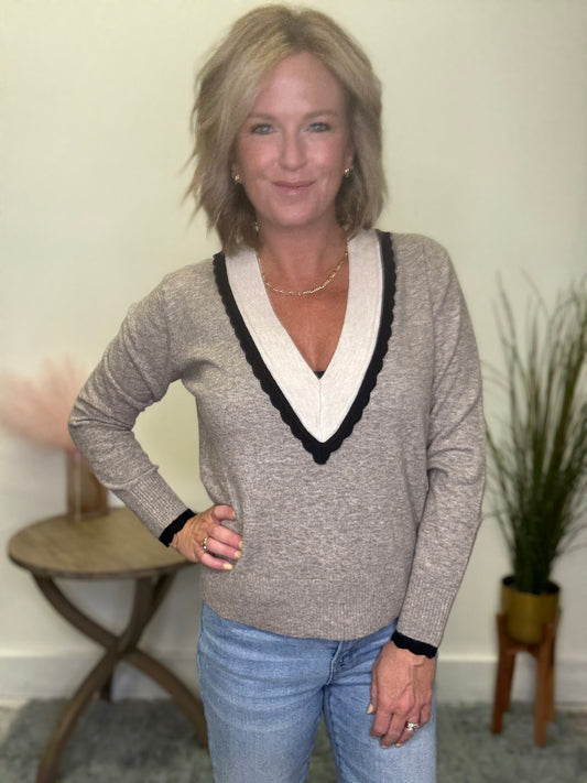 Varsity Contrast V-Neck Sweater - Ella Chic Boutique