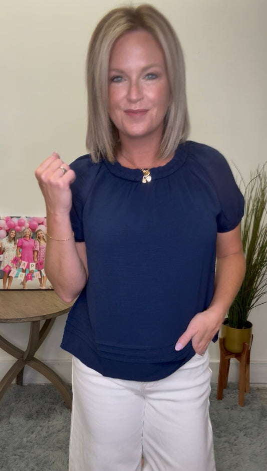 Navy Woven Neckline Detailed Top