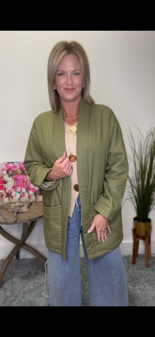 Open Front Longer Olive Jacket - Ella Chic Boutique