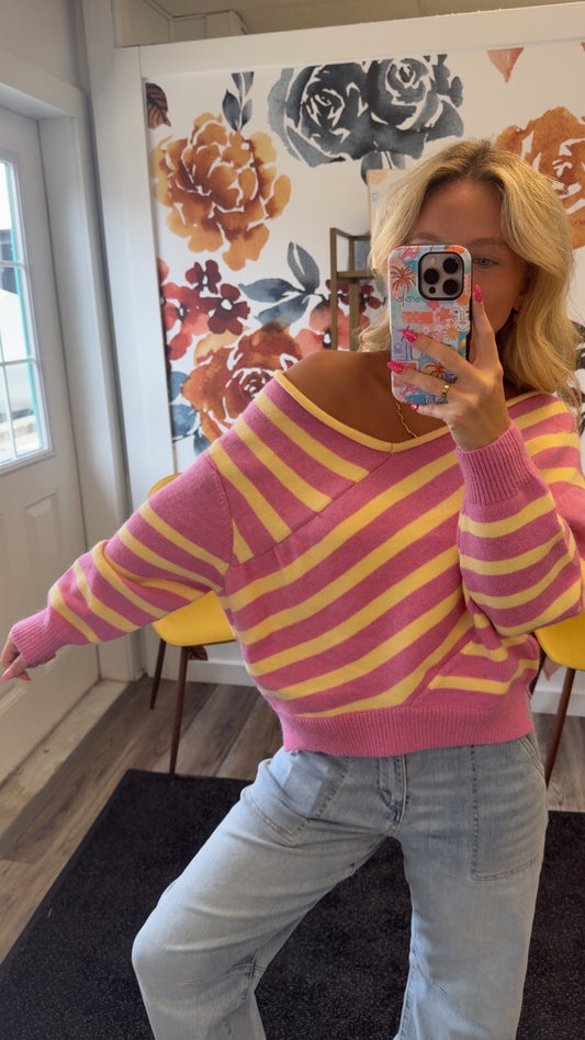Pink and Yellow Striped V-Neck Sweater