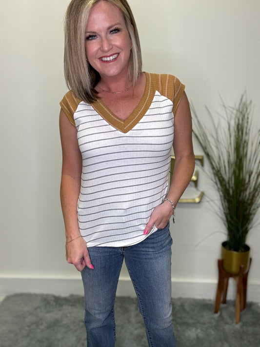 Step It Up Stripes And Neutrals V-Neck Top