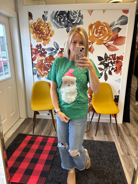 Branded cotton green kelly vintage Santa graphic tee holiday Christmas pink sparkly ball