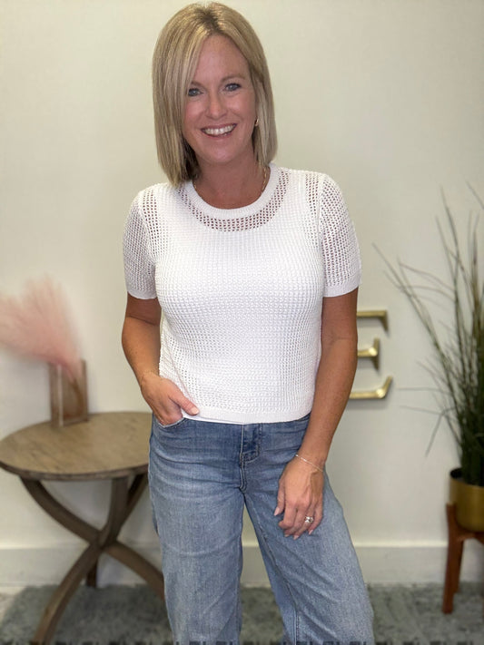 Off White Cropped Open Knit Top