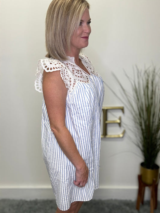Entro pinstripe blue white dress with lace detail Roanoke Indiana boutique