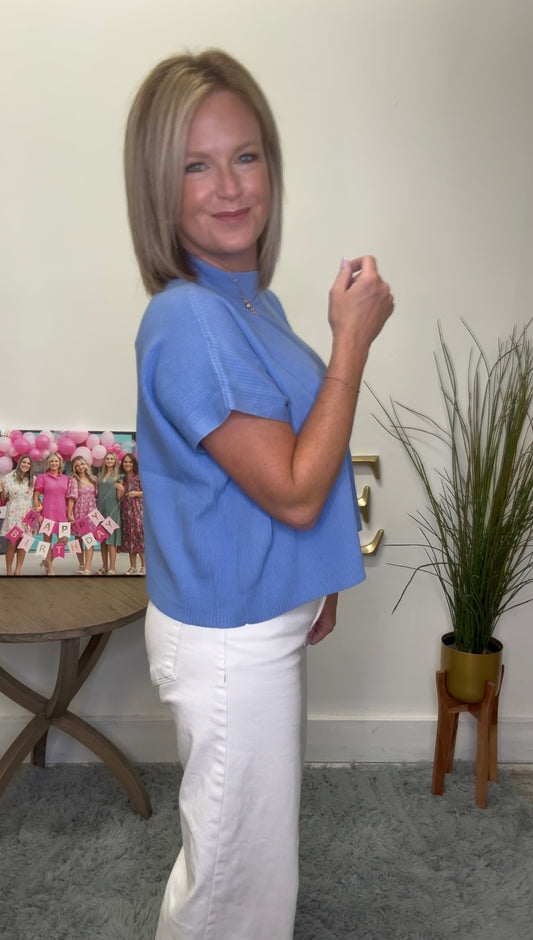 Mock Neck Short Sleeve Ribbed Boxy Sweater Blue zenana top shirt fall Ella Chic Boutique Roanoke 