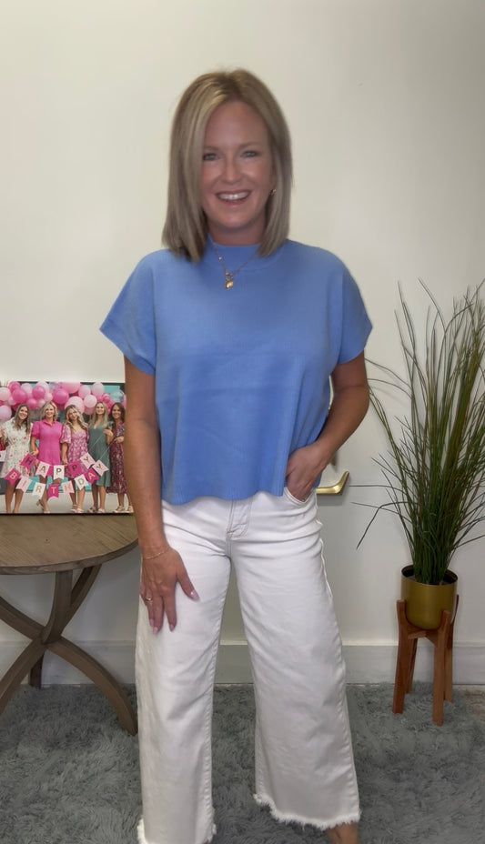 Mock Neck Short Sleeve Ribbed Boxy Sweater - Blue - Ella Chic Boutique