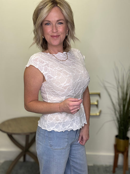 Flattering Lace Lettuce Edge Boat Neck Knit Top