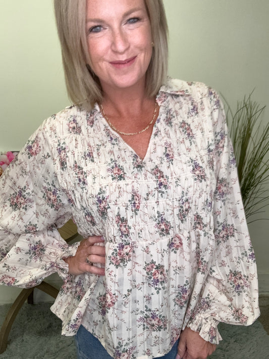 Floral Printed Smocked V Neck Balloon Sleeves Top Shirt Blouse Bibi Collar peasant 