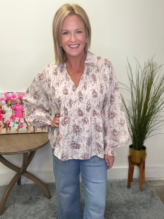 Floral Printed Smocked V Neck Balloon Sleeves Top Shirt Blouse Bibi Collar peasant 