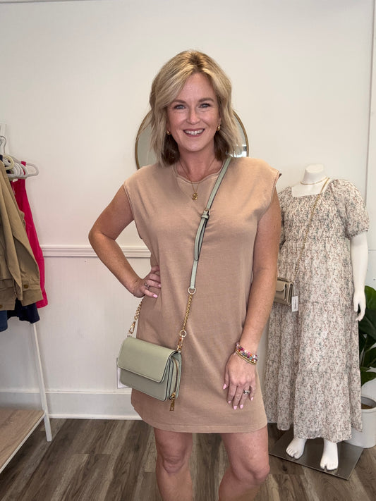 Freestyle Sleeveless Mini Dress in Taupe hyfve double zero tan casual comfy summer 