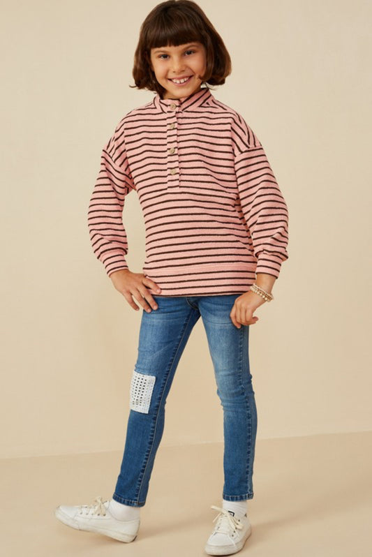 Textured Stripe Knit 1/2 Button Up Top - Girls