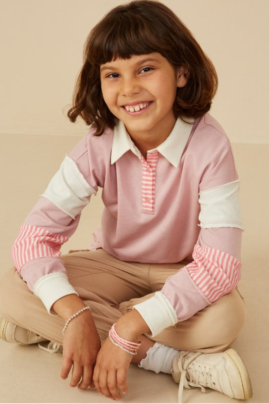 Mixed Media Knit Rugby Shirt in Pink - Girls