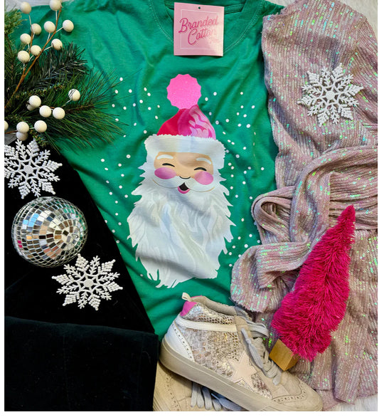 Branded cotton green kelly vintage Santa graphic tee holiday Christmas pink sparkly ball
