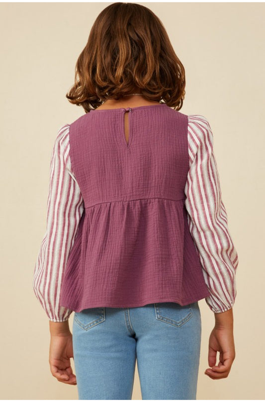 Mix Media Contrast Sleeve Gauze Top
