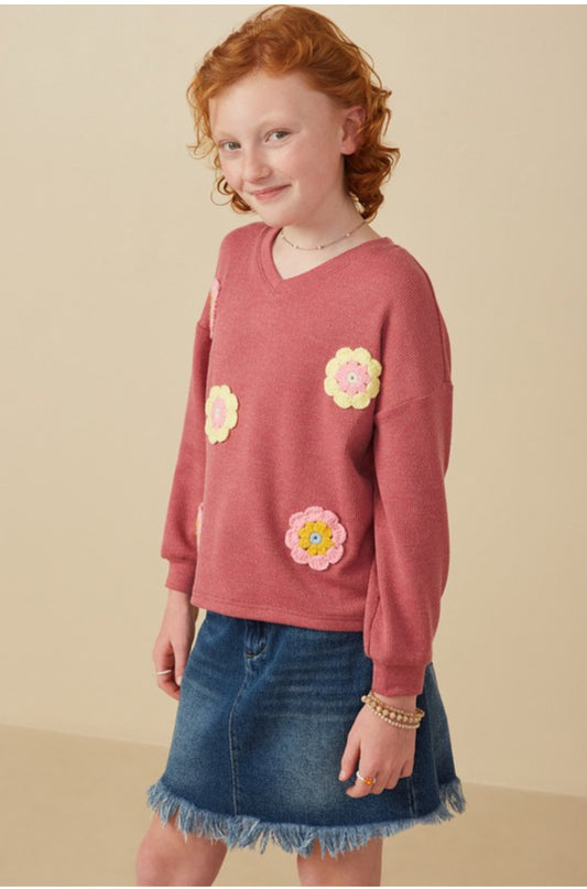 Crochet Floral Detail Ribbed Top - Girls