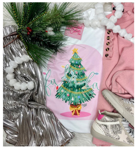 Branded cotton christmas holiday graphic tee pink tree fa la la 