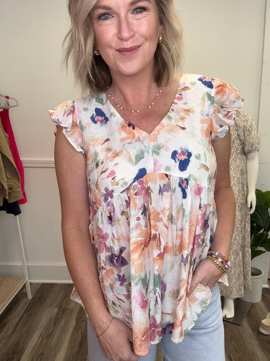 Elegant Print Floral Ruffle Detail Swing Top