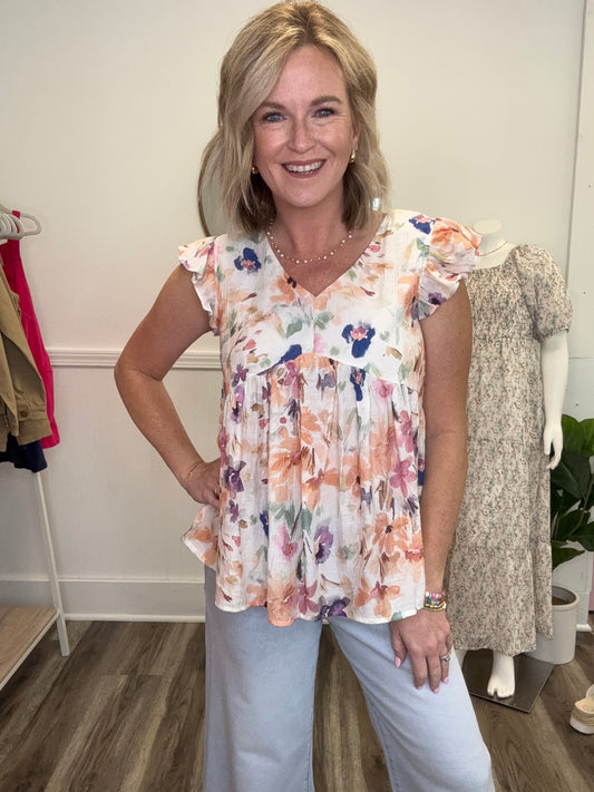 Hayden LA floral print ruffle sleeve v-neck boutique summer top