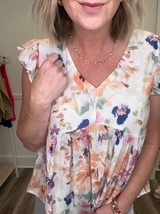 Hayden LA floral print ruffle sleeve v-neck boutique summer top