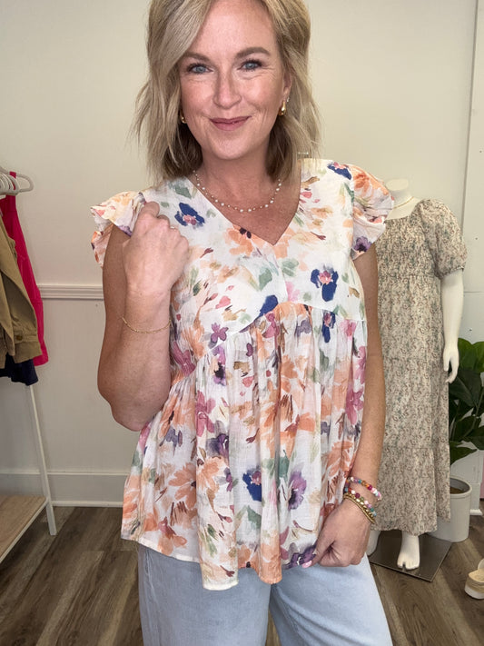 Elegant Print Floral Ruffle Detail Swing Top