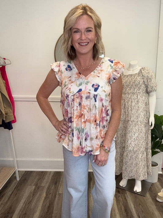 Hayden LA floral print ruffle sleeve v-neck boutique summer top