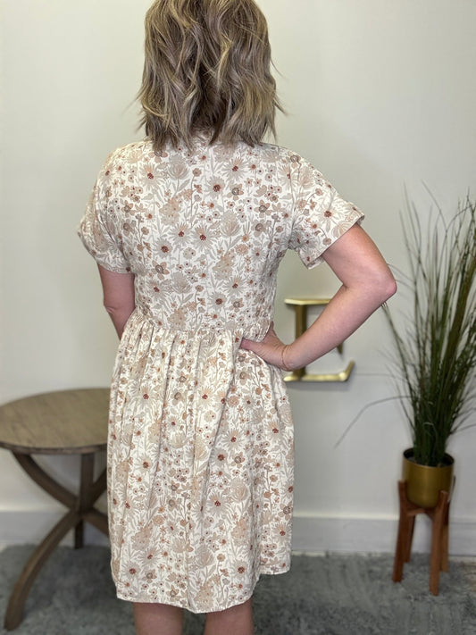 Heidi Dress in Floral Bisque Bloom flowers neutral taupe ivory collar button front mikarose free shipping
