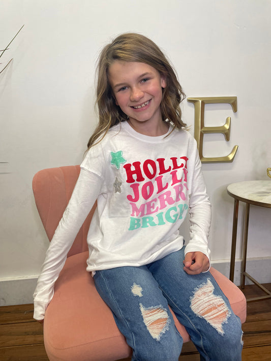 Girls Holly Jolly Merry Bright Sequin Long Sleeve Tee SC - Ella Chic Boutique