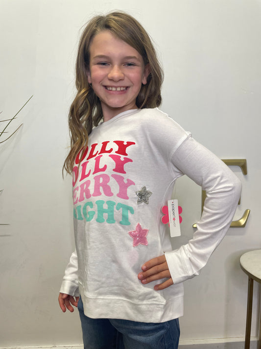 Girls Holly Jolly Merry Bright Sequin Long Sleeve Tee SC - Ella Chic Boutique