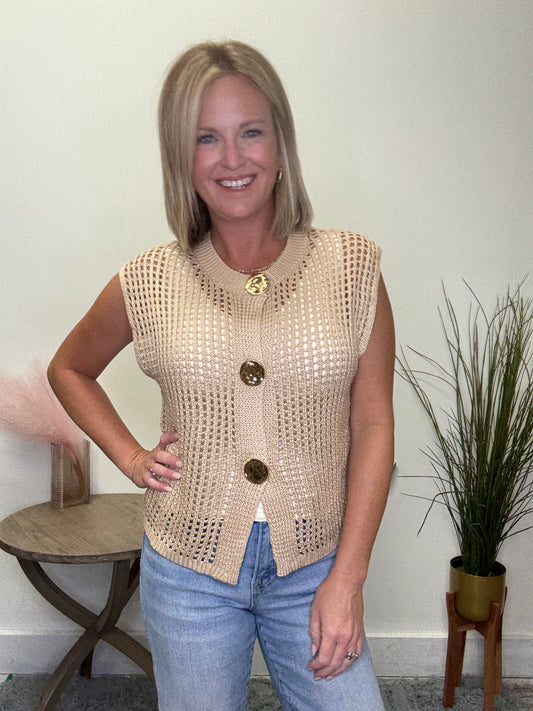 Big Metal Button Front Open Knit Vest Top